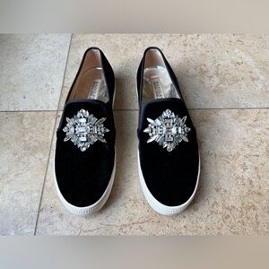 Badgley Mischka Black Velvet Crystal Jewels Slip On Shoes Size 8